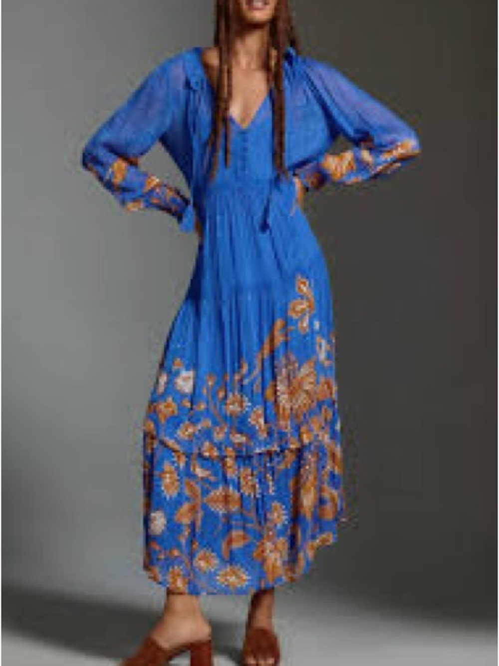 Blue Floral Maxi Dress with Tie Neck by Anthropologie